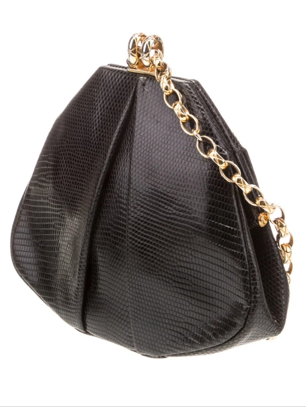 CHANEL Black Lizard-Texture Evening Bag 24K Goldplated Chain Shoulder Bag